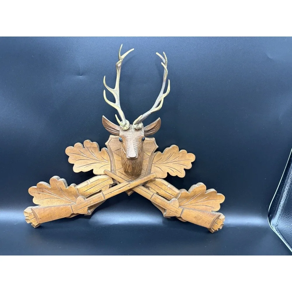 Vintage German Cuckoo Clock Wood Deer Head w/ Horns Guns Topper Rustic Log Cabin